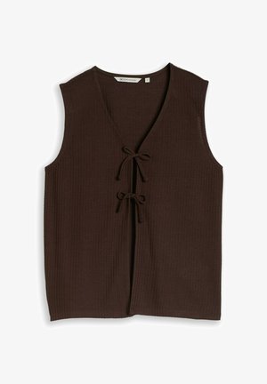 Veste sans manches en maille marron foncé avec tissu texturé et deux liens à l'avant pour la fermeture, taille petite.