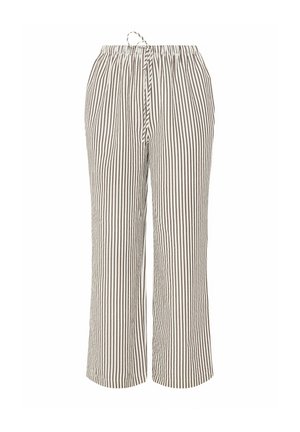 Beige und braune, vertikal gestreifte, locker sitzende Hose mit elastischem Bund und Kordelzug vorne.