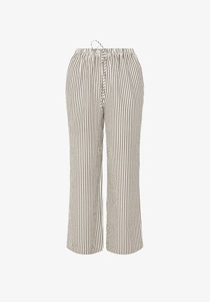 Luźne spodnie w pionowe paski w beżowym i brązowym kolorze, z elastycznym paskiem w talii i sznurkiem do wiązania z przodu.