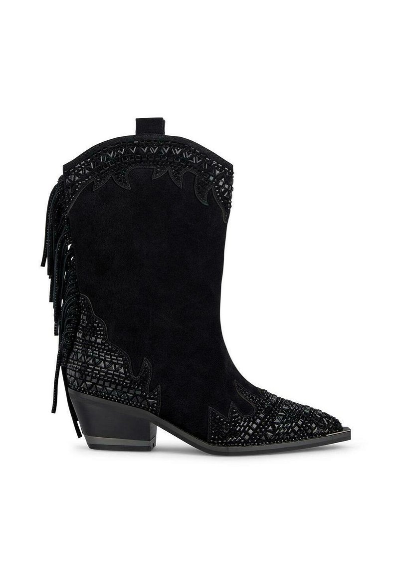 Stivali da cowboy in suede nero con punta appuntita, decorati con dettagli di perline e frange ai lati. Design con tacco a blocco corto.