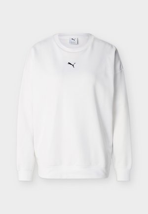 White long-sleeve crewneck sweatshirt with black Puma logo centered below the collar.