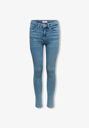 Jean skinny bleu clair avec poches avant et poche monnaie, passants pour ceinture et fermeture par bouton, présenté à plat sur un fond blanc.
