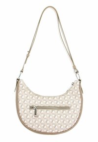 Borsa a spalla beige con motivo, dalla forma strutturata, dotata di una tasca frontale con zip e di una tracolla bicolore. Design geometrico testurizzato.