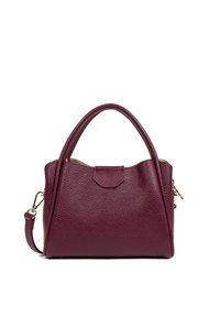 Petite sac à main en cuir bourgogne avec deux poignées supérieures, une bandoulière amovible et une surface texturée. Accentué par des accessoires en métal doré.