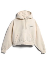 Krämfärgad kortärmad hoodie i mjukt material, med en känguruficka, dragsko på huvan och en liten etikett på bröstet.