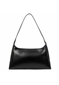 Borsa a mano in pelle nera con una silhouette curva, tracolla sottile e superficie liscia. Presenta cuciture sottili lungo i bordi.