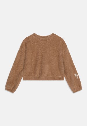 Suéter corto marrón y peludo de manga larga con cuello redondo y la palabra "WAY" en blanco en el puño de la manga derecha.