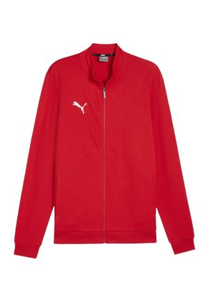 Rote Zip-Jacke aus glattem Stoff mit hohem Kragen, gerippten Bündchen, Seitentaschen und einem weißen Logo auf der linken Brust.