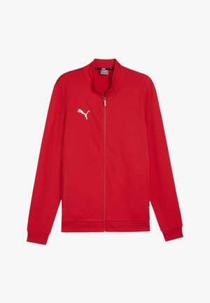 Rote Zip-Jacke aus glattem Stoff mit hohem Kragen, gerippten Bündchen, Seitentaschen und einem weißen Logo auf der linken Brust.