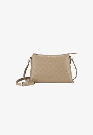Sac bandoulière en synthétique beige avec motif embossé, logo argenté et bandoulière réglable. Comprend une fermeture éclair et une texture lisse.