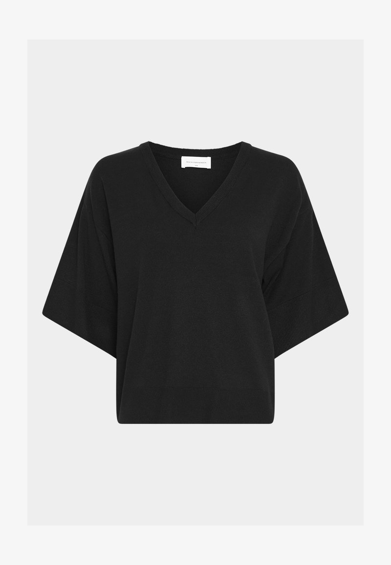 Sort kortærmet V-hals løs pasform sweater med ribbestrikkede manchetter og kant på en lys baggrund.