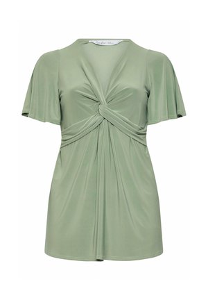 Blusa de manga corta verde claro con detalle de nudo cruzado en el pecho y escote en V, confeccionada con una tela suave y caída.