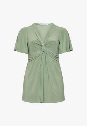 Blusa verde chiaro a maniche corte con dettaglio a nodo intrecciato sul petto e scollo a V, realizzata in tessuto morbido e drappeggiato.