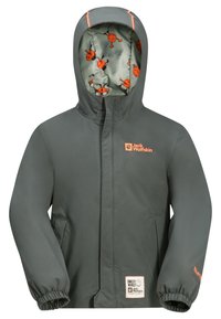 Grijze waterdichte jas voor kinderen met capuchon, met oranje dierenprints aan de binnenkant, elastische manchetten en Jack Wolfskin-logo's op de borst en mouw.