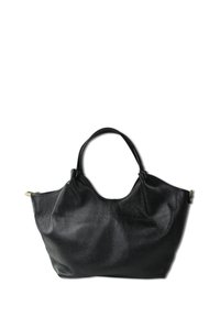 Zwarte leren totebag met een gestructureerd oppervlak, dubbele handgrepen en een ontspannen vorm. Bevat een goudkleurige rits en minimale details.
