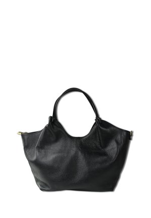 Black leather tote bag with textured surface, dual handles, and a relaxed shape. Features a gold-tone zipper and minimal detailing.