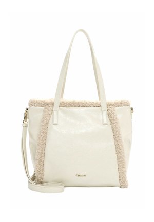 White faux leather tote with beige textured trim, dual top handles, and an adjustable shoulder strap. Silver hardware with a logo detail.