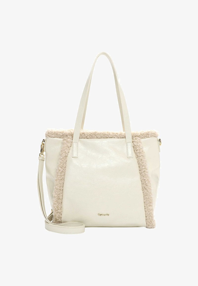 Sac fourre-tout en simili cuir blanc avec des finitions texturées beiges, deux poignées supérieures et une bandoulière réglable. Quincaillerie argentée avec un détail de logo.