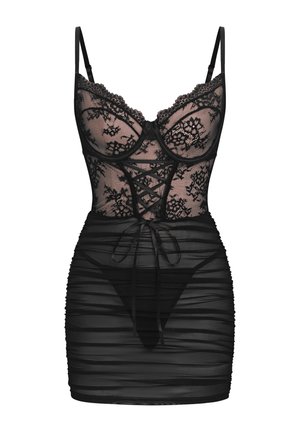 Zwarte kanten lingeriejurk met spaghettibandjes, doorschijnend mesh lijfje, bloemenpatronen, veterdetail aan de voorkant en geplooide doorschijnende rok.