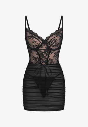 Zwarte kanten lingeriejurk met spaghettibandjes, doorschijnend mesh lijfje, bloemenpatronen, veterdetail aan de voorkant en geplooide doorschijnende rok.
