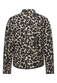 Veste matelassée à manches longues et col, arborant un motif léopard audacieux en beige, noir et blanc, vue de dos.