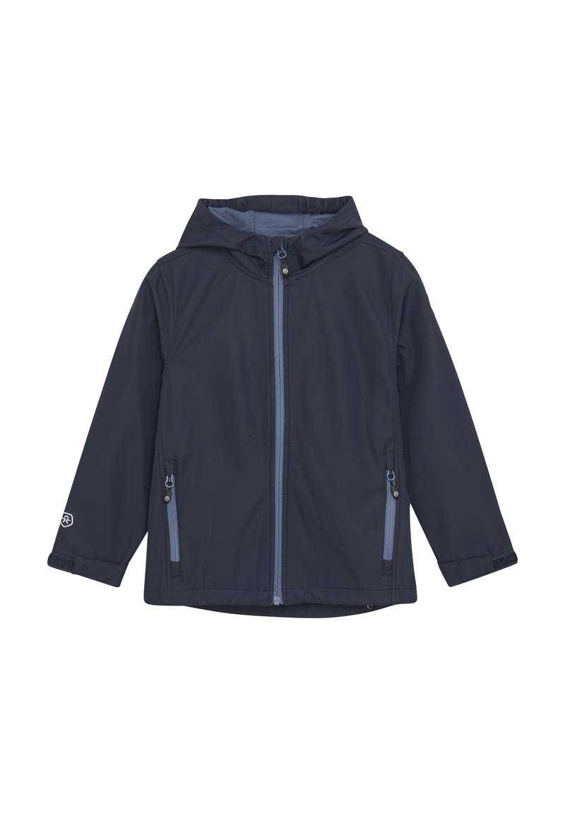 Giacca blu navy con cappuccio, zip frontale e due tasche laterali. Presenta polsini elasticizzati e una texture liscia e resistente all'acqua.