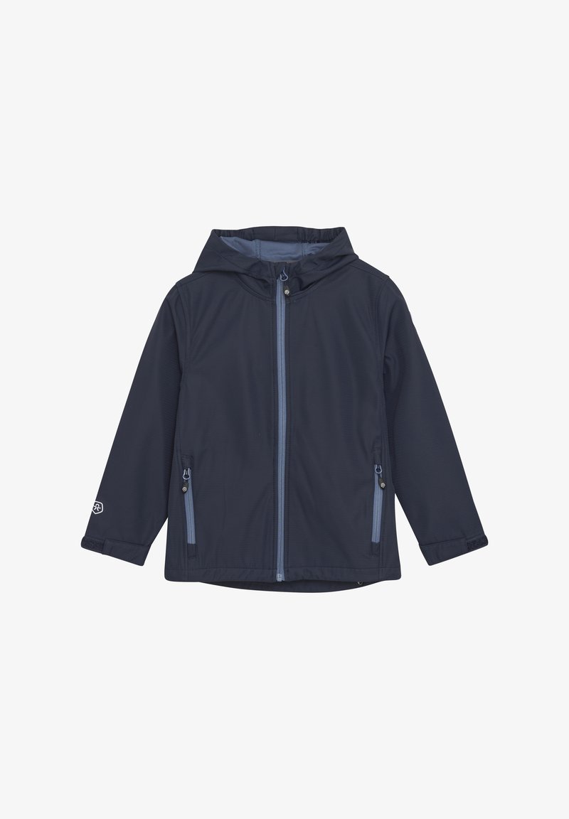 Marineblaue Jacke mit Kapuze, Frontreißverschluss und zwei Seitentaschen. Verfügt über elastische Bündchen und eine glatte, wasserabweisende Oberfläche.