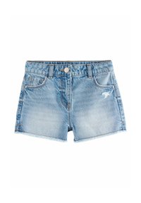 Svetlomodré denim kraťasy s vysokým pásom, prednými vreckami a roztrhaným lemom. Majú mierne opotrebovanie na látke.