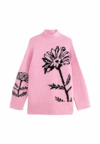 Rosa stickad tröja med hög krage, prydd med svarta blommönster på �ärmarna och kroppen, samt ribbade muddar och nederkant.