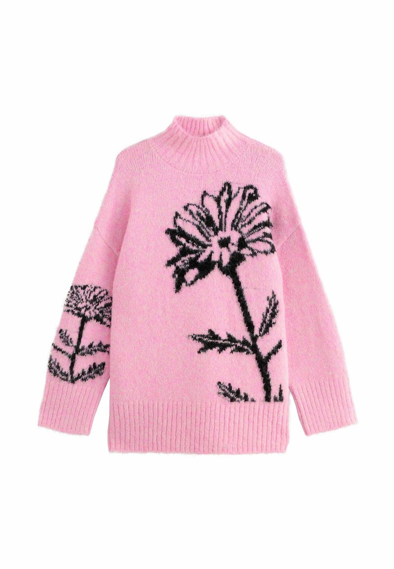 Rosa stickad tröja med hög krage, prydd med svarta blommönster på ärmarna och kroppen, samt ribbade muddar och nederkant.