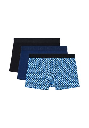 Three men's boxer briefs stacked, including one black, one navy blue, and one blue patterned with black waistband.