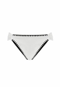 Bela texturirana bikini spodnjica z �črnimi zigzag obrobami ob robovih in majhnimi nabranimi stranskimi povezavami na vsakem boku.