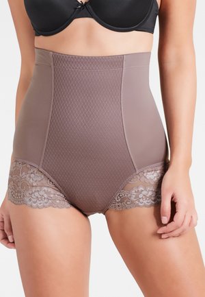 Hochtaillierte Shapewear in Taupe mit strukturiertem Körper und floralen Spitzenakzenten an den Beinausschnitten, mit glatter Oberfläche.