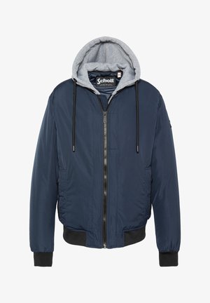 Marineblauwe bomberjack met een lichtgrijze fleece-voering in de capuchon, elastische manchetten, een voorrits en twee zijzakken. Zwarte accenten aan de zoom.