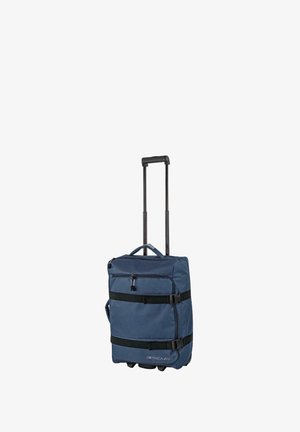 Bolsa tipo duffel azul marino con bolsillo frontal con cremallera, correas negras resistentes y asa retráctil para transporte fácil. Tela texturizada.