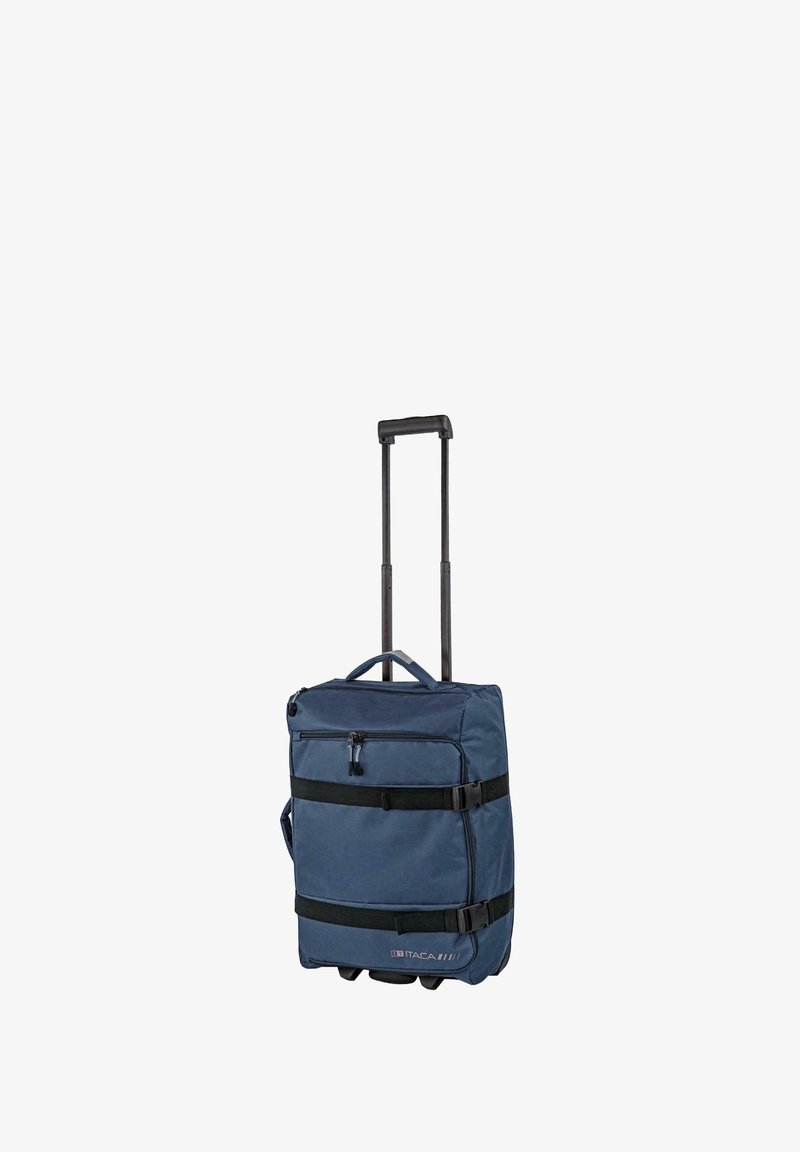 Bolsa tipo duffel azul marino con bolsillo frontal con cremallera, correas negras resistentes y asa retráctil para transporte fácil. Tela texturizada.