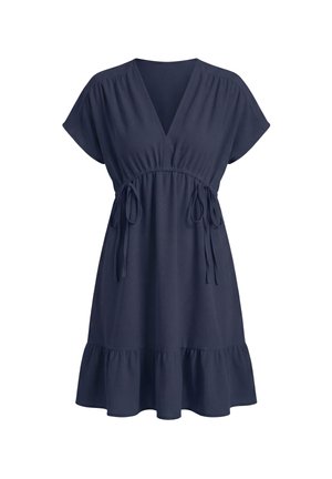 Navyblauwe jurk met korte mouwen, een V-hals, taillekoorden en een gerimpelde zoom, knielengte stijl.