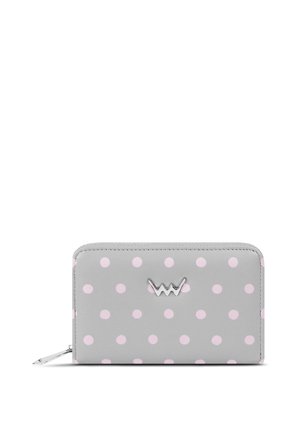Gray wallet with a pink polka dot pattern, featuring a silver logo accent and a zip closure, crafted from smooth synthetic material.