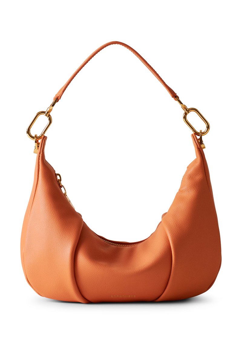 Orange leather handbag with a structured, curved shape. Features a smooth texture and gold hardware accents on the strap. Zippered compartment.