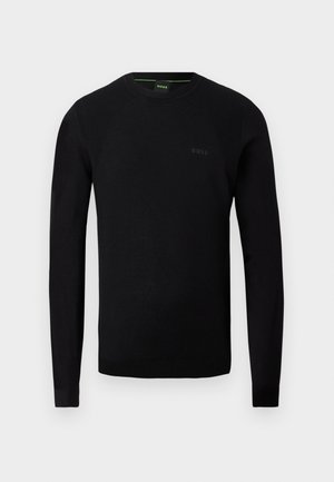 Pull noir à manches longues pour homme avec col rond, texture subtile sur les épaules et logo "BOSS" sur la poitrine à gauche.