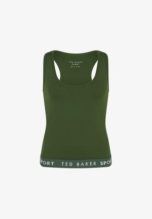 Tume rohelise värvi tank top, millel on istuv disain, bändiks valge bränditud elastne äär ja laiad rihmad toe jaoks.