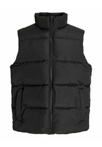 Chaleco de plumas negro con cuello alto, diseño acolchado horizontal, cremallera delantera y bolsillos laterales; tejido suave y ligero.