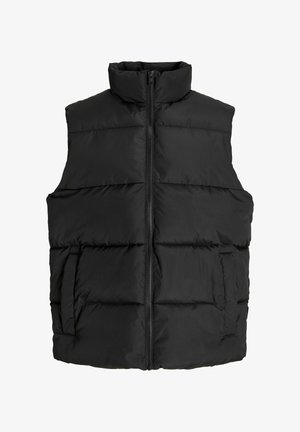 Chaleco de plumas negro con cuello alto, diseño acolchado horizontal, cremallera delantera y bolsillos laterales; tejido suave y ligero.