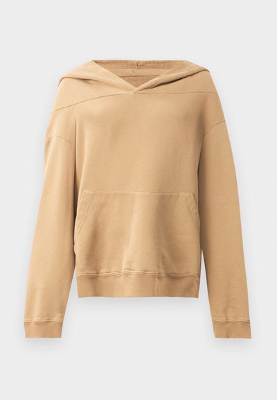 Beige hooded sweatshirt with long sleeves, kangaroo pocket, and ribbed cuffs and hem on a white background.