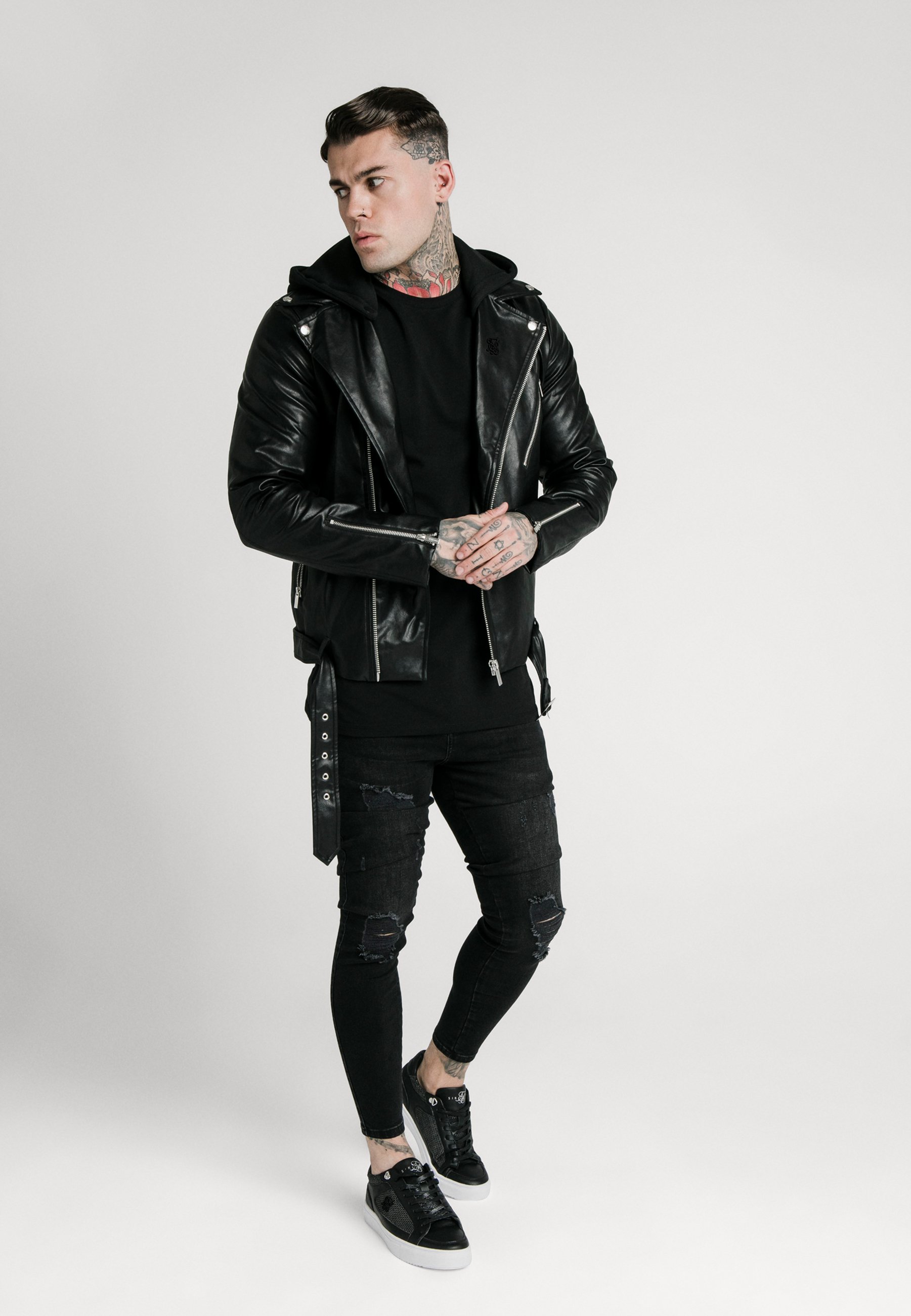 collared shirt with leather jacket