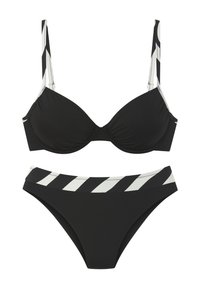 Čierny bikiny set s vycpanou podprsenkou s nastaviteľnými ramienkami a okolo krku, doplnený o pruhované, vysoko pásové nohavičky.