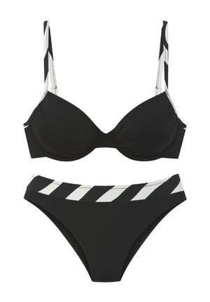 Zwart bikiniset met een gevoerde bralette met verstelbare bandjes en een halternek, gecombineerd met contrasterende gestreepte hooggetailleerde slip.