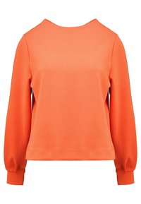 Oranger Pullover-Sweatshirt mit rundem Halsausschnitt, langen Puffärmeln und einer weichen, glatten Textur. Keine sichtbaren Muster oder Hardware.