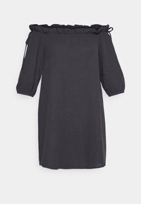 Vestido de ombro a descoberto em cinza escuro, com um tecido texturizado, decote em ruffles e mangas bufantes 3/4 com laços nos ombros.
