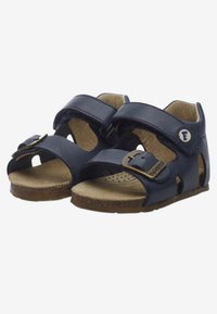 Marin sandaler i läder med kardborreband och spänne, öppen tå-design, texturerad innersula och gummisula med utskärningar.